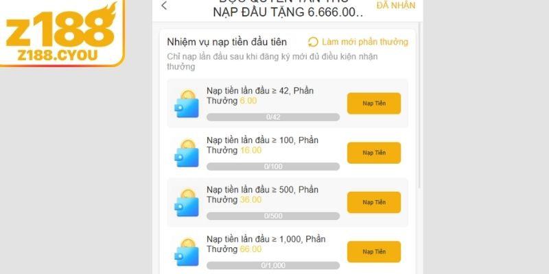 Độc quyền ưu đãi Z188 tân thủ tặng ngay lên đến 6tr666
